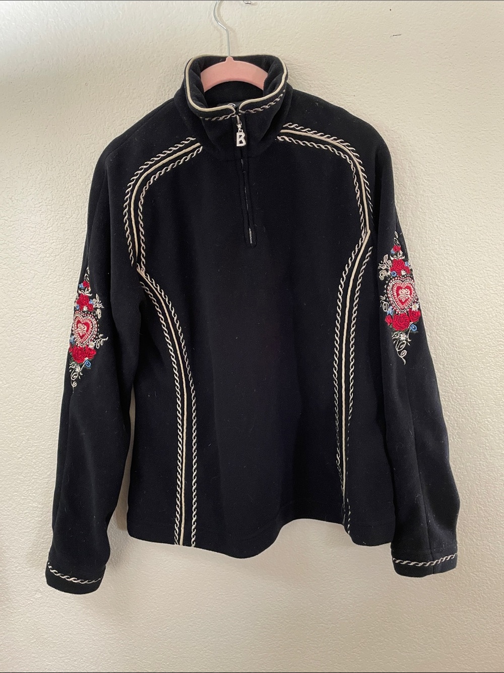 Bogner Vtg Black Half-Zip Sweater fleece Red heart Floral Embroidery M 20x24